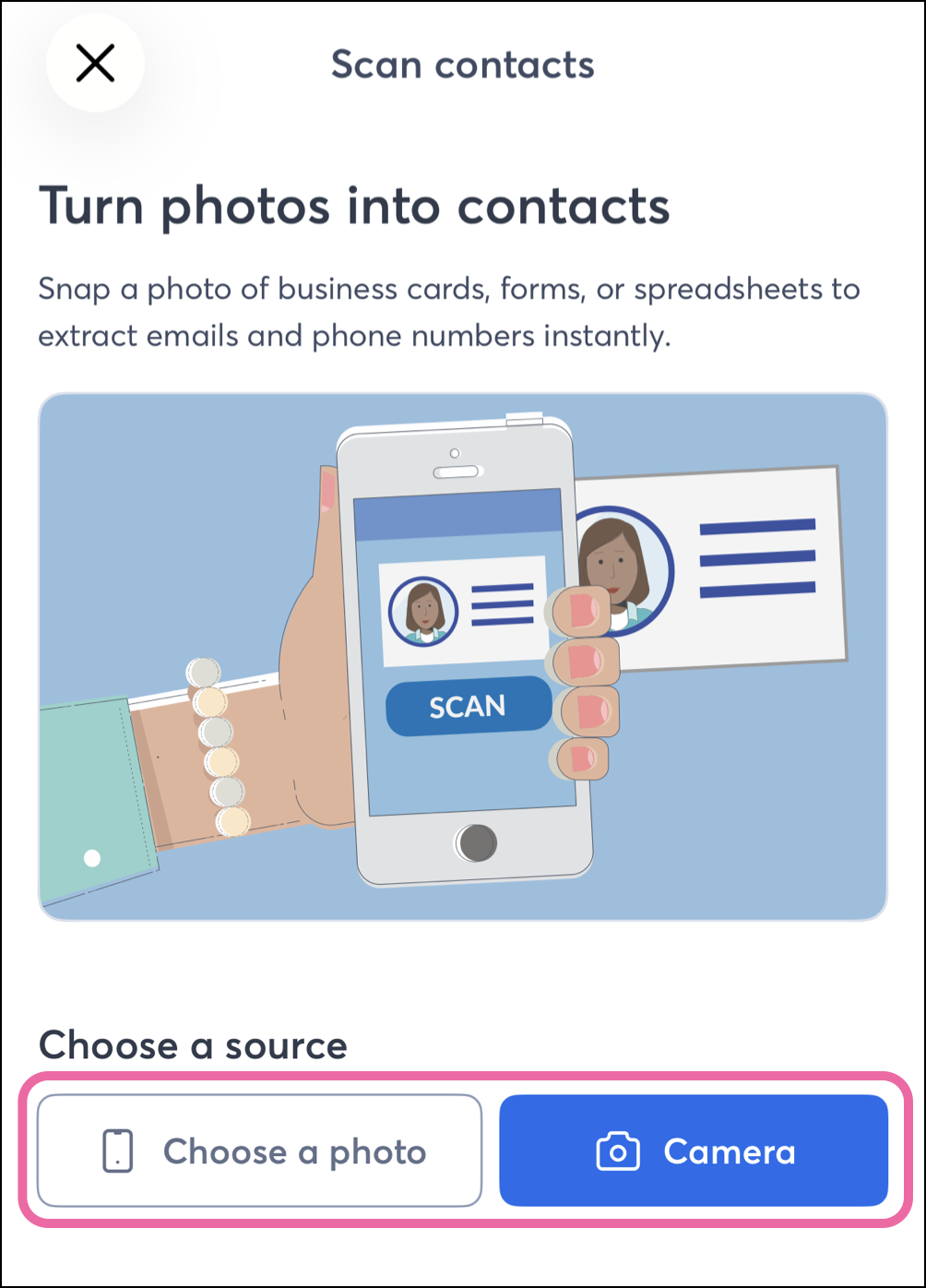 Choose photo or Camera button options to scan a contact