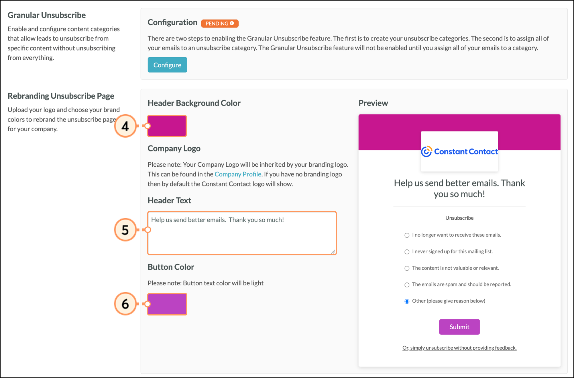Header background color, header text, and button color edit options
