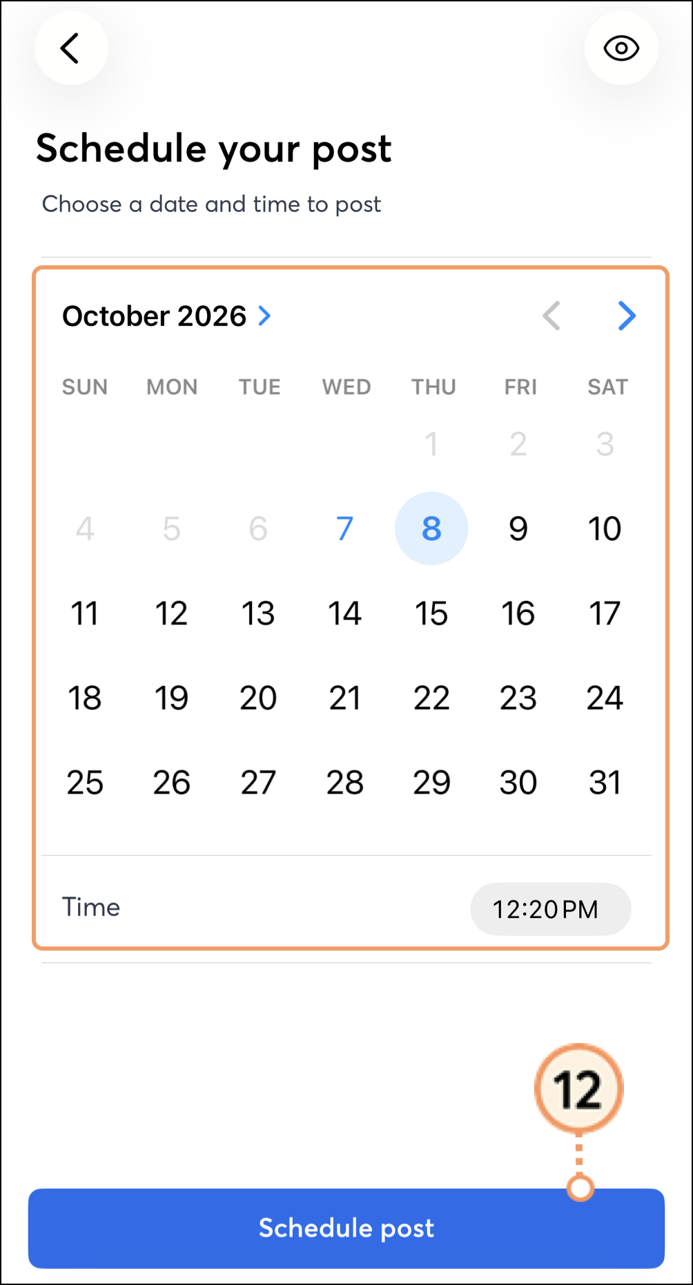 Calendar above time selection button above Schedule post