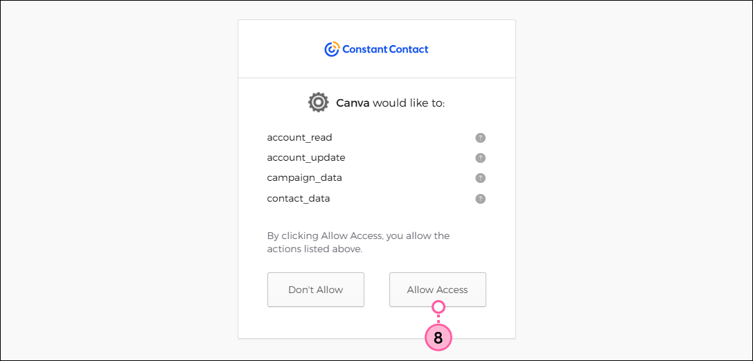 Constant Contact request for access and Allow Access button