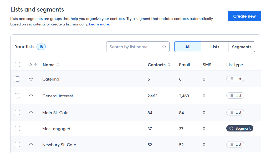 Lists and Segments page