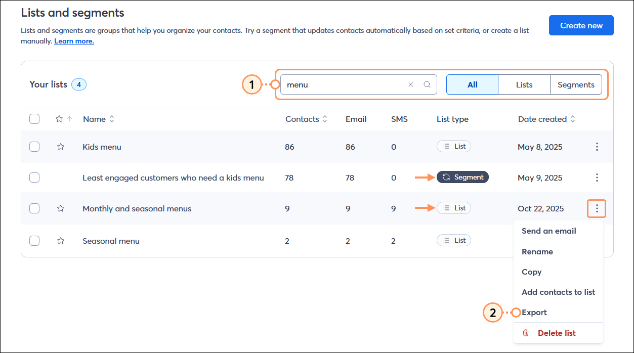 Lists and segments page with Search field and search results, and List with menu expanded and Export option selected