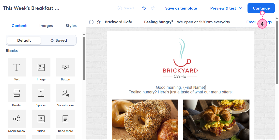 Email editor with Continue button
