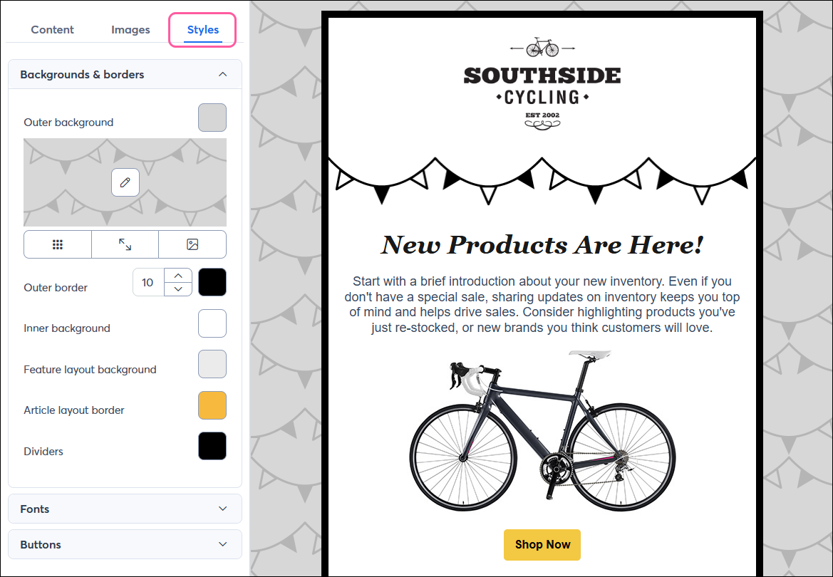 Email editor with Styles tab selected, Backgrounds & borders menu expanded with background, border, and divider options, and colors applied to template