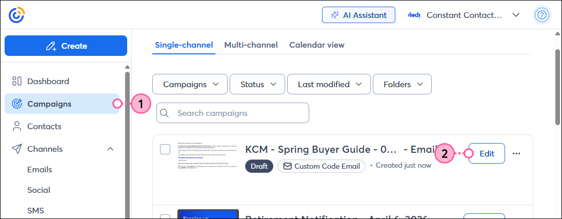 Campaigns tab Select KCM campaign
