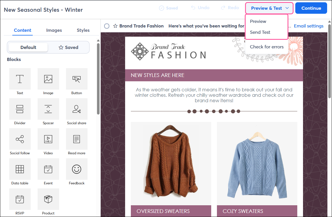 Email editor, Preview & Test button, and Preview and Send Test drop-down options