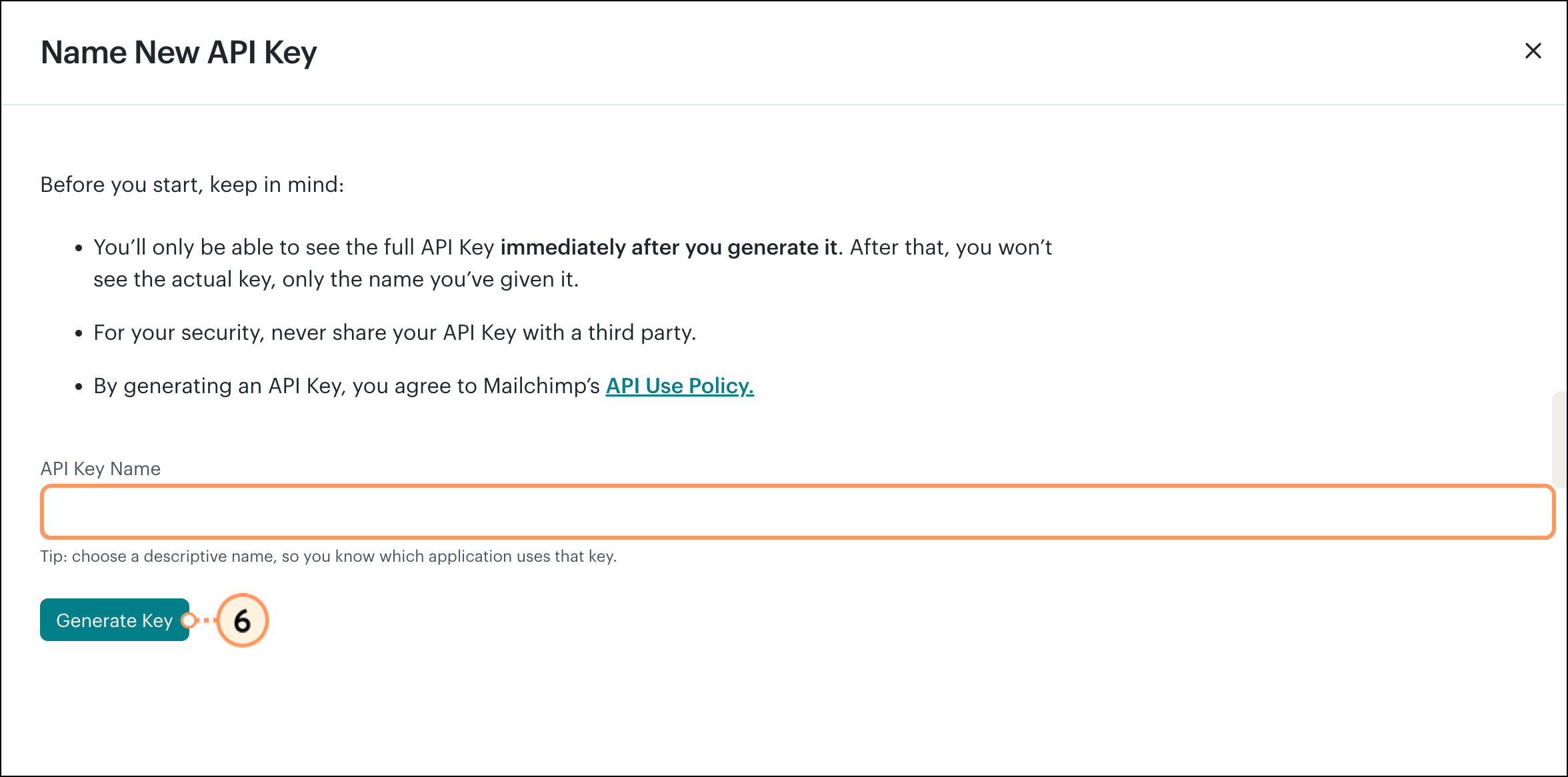 API Key name field and green Generate Key button