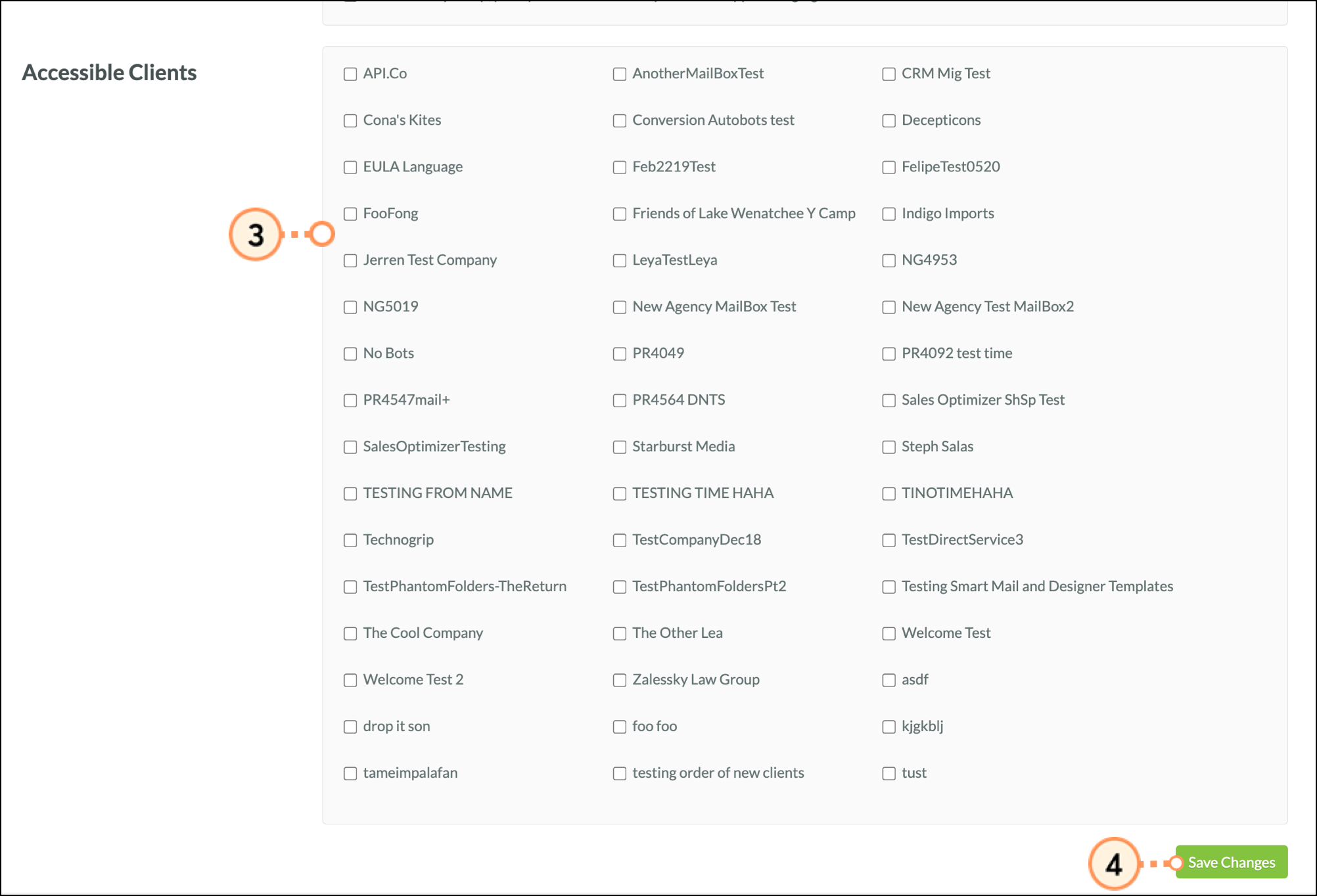 Accessible Clients list of checkboxes and green Save Changes button