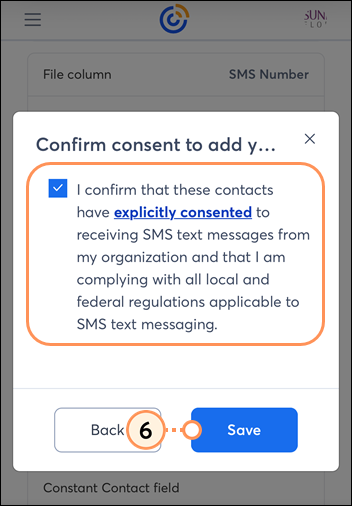 mobile web confirm consent to add your contacts overlay with advanced email permission options and save button