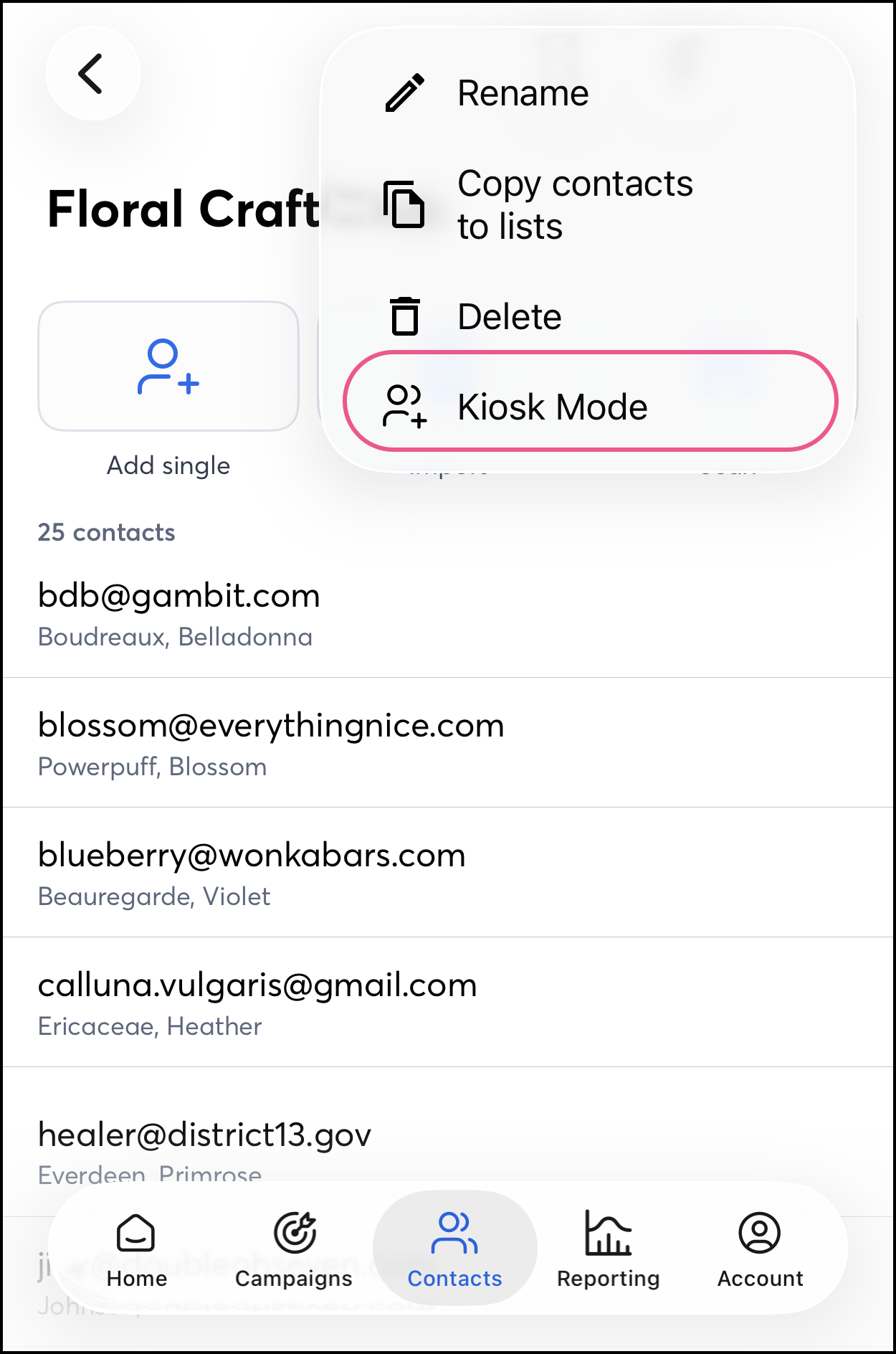 Kiosk Mode in expanded settings menu of a list