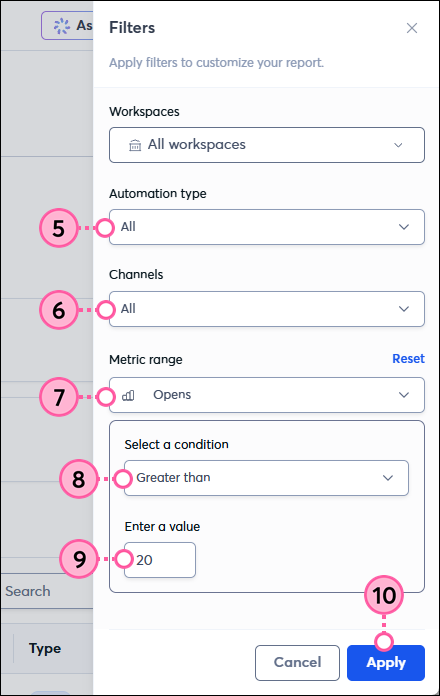 Filter options Apply button