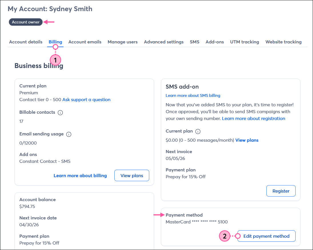 My account page with Billing tab selected, Payment Method section, and Edit Payment Method button