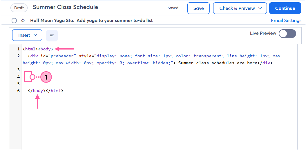 Custom Code editor with body tags in HTML code