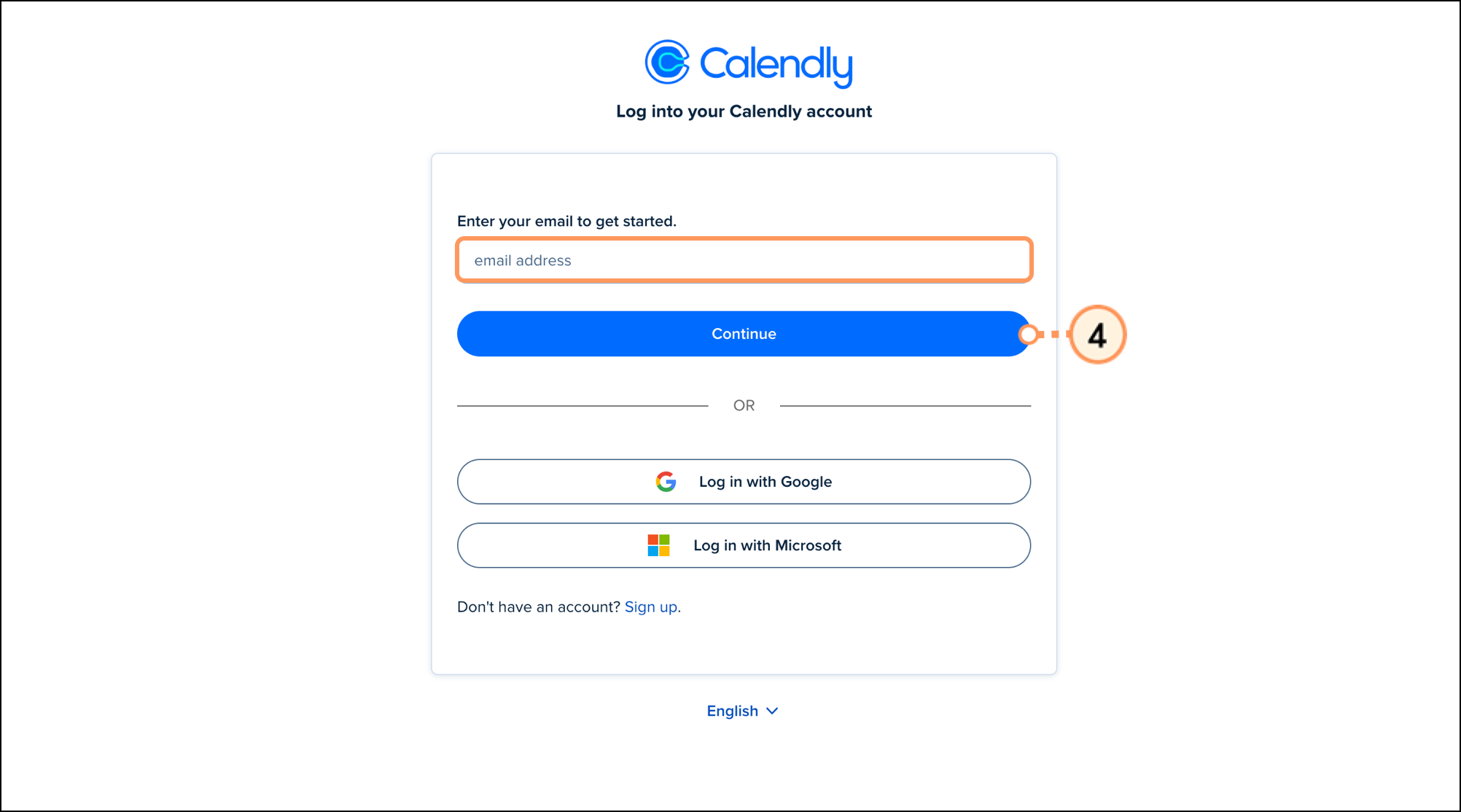 Email address field and blue Continue button on the Calendly log in page