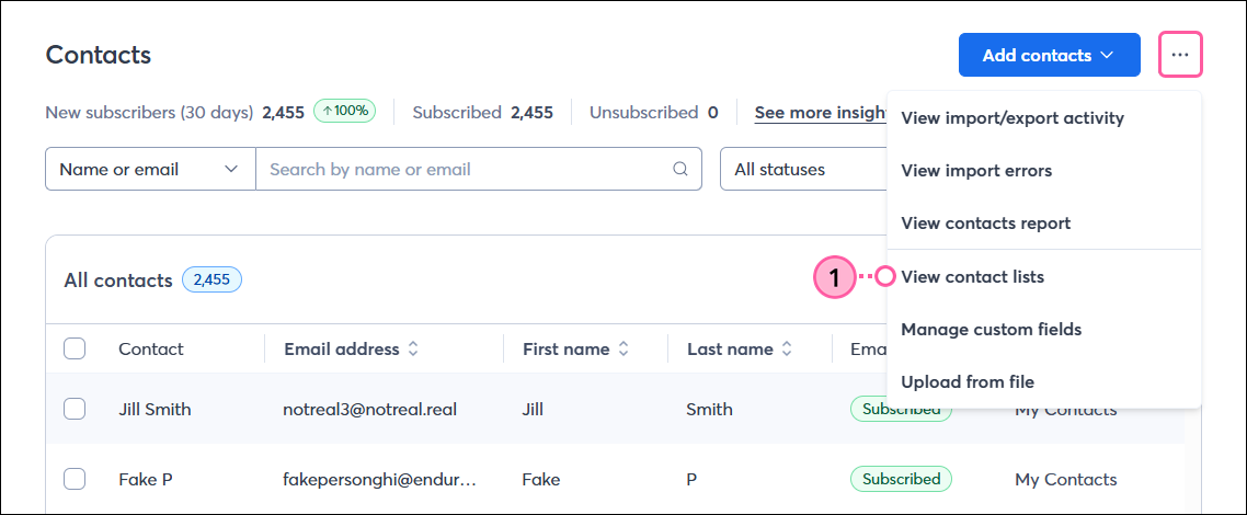 Contacts page with More drop-down and View Contact Lists option selected