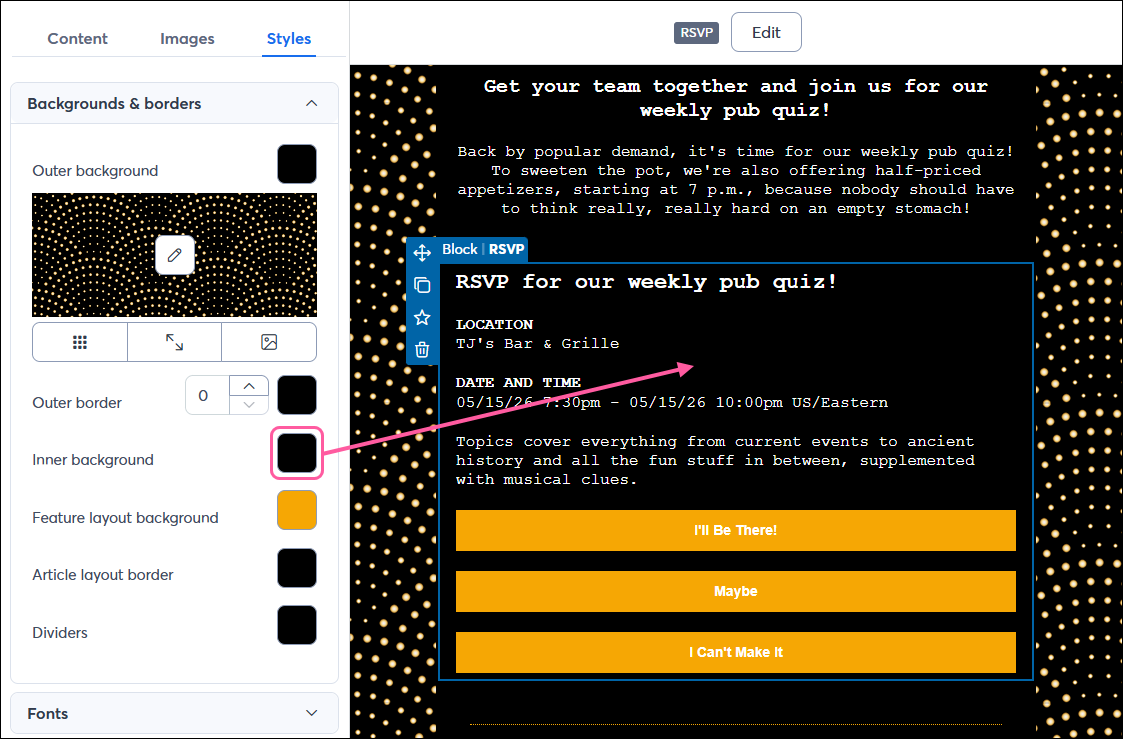 Styles tab with Inner Background color