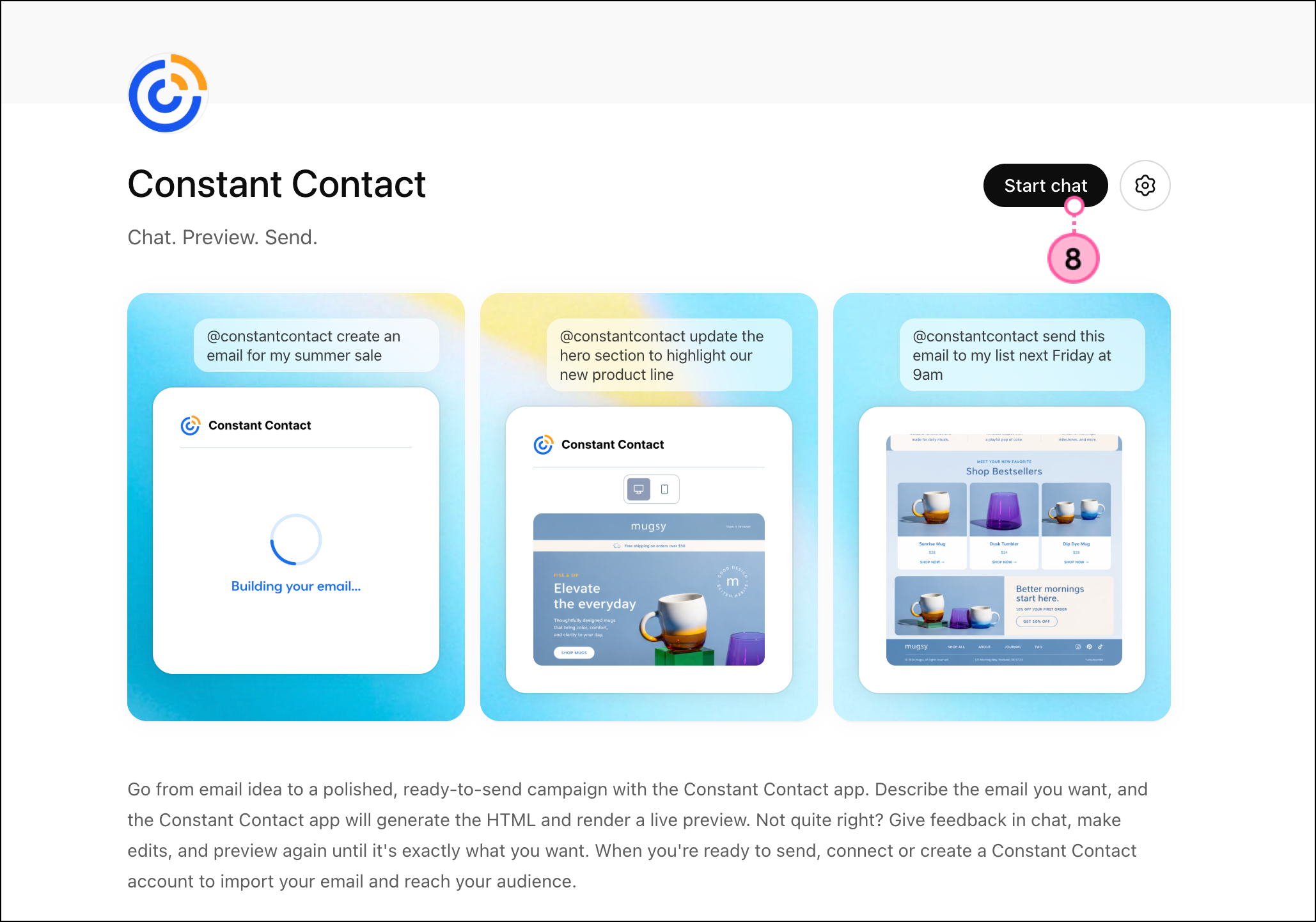 Black Start Chat button on connected Constant Contact app