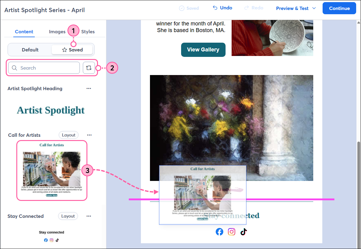 Email editor, Content panel, Saved tab, search and filter options, and saved content selected to insert