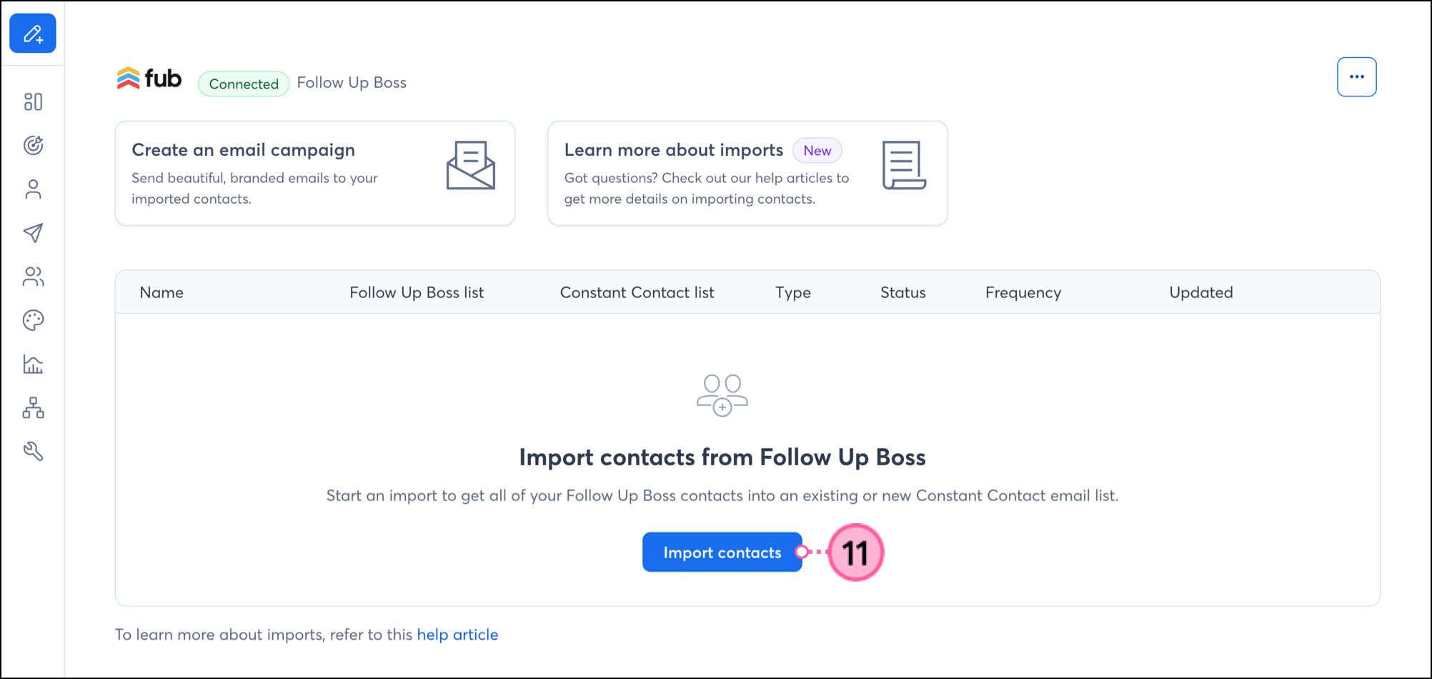 Blue Import Contacts button on connected Follow Up Boss integration