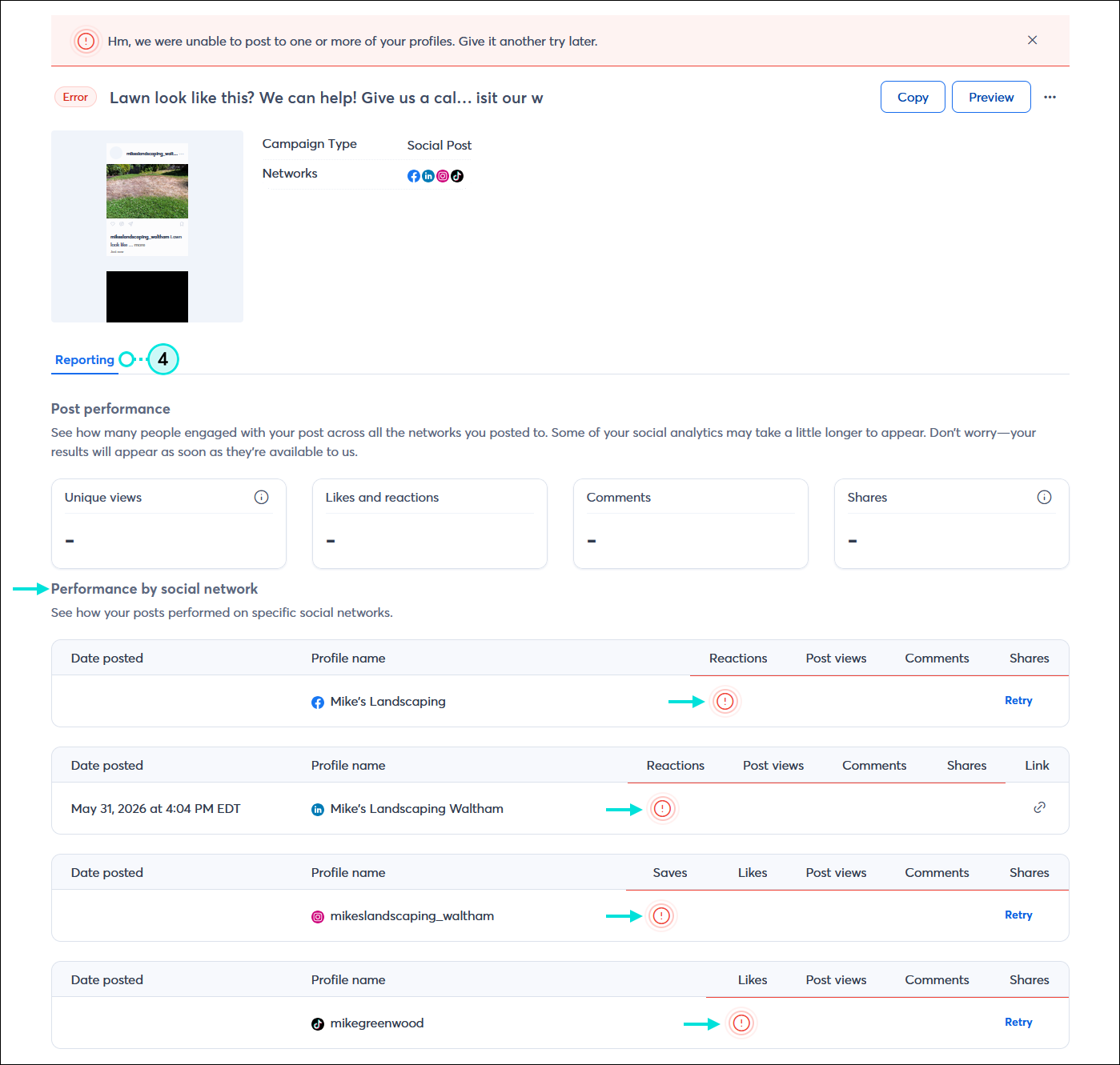 Social post Detail page with error state, and multiple social platforms with error notification and Retry option
