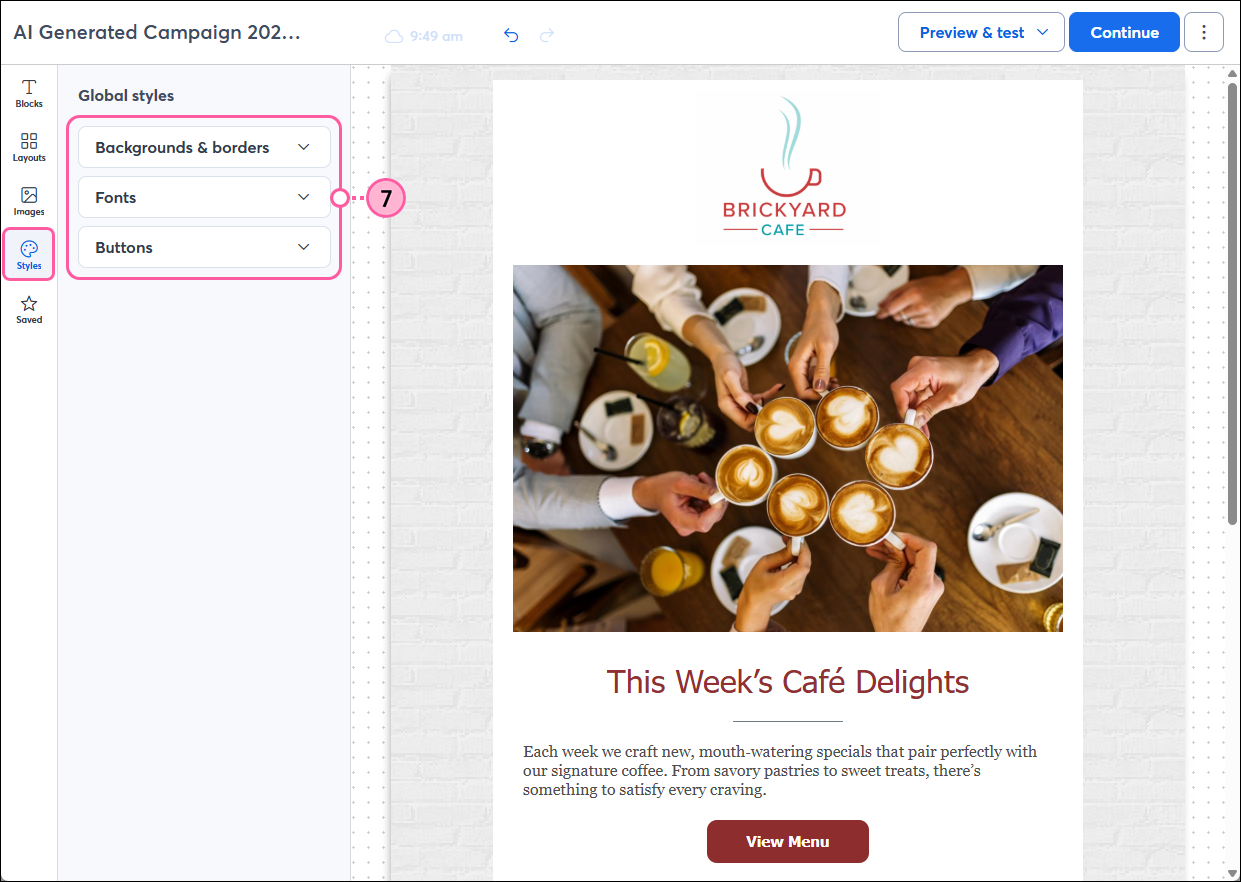 Email editor with Styles panel options