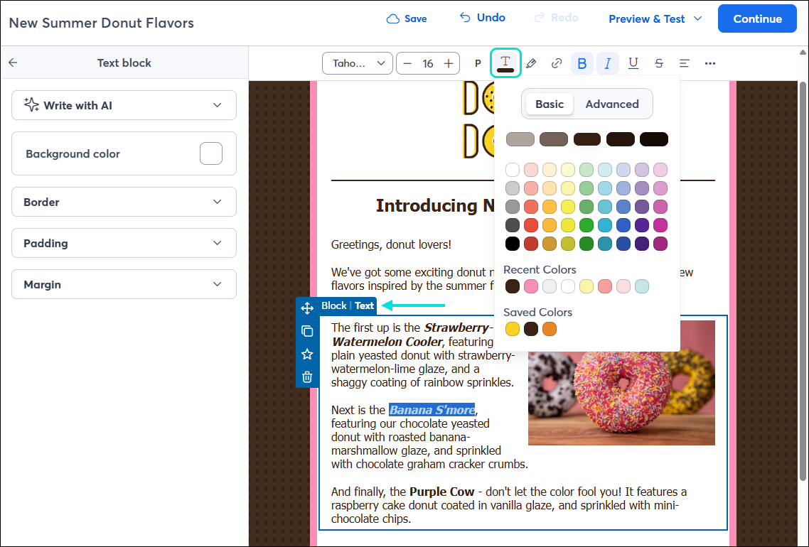Email editor with Text block selected, text highlighted, and toolbar with text color palette expanded