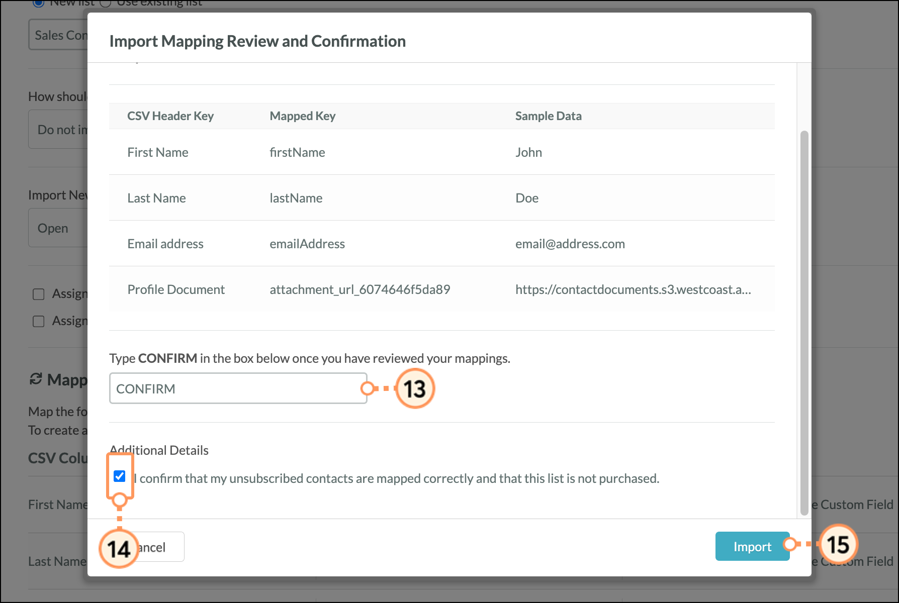 Import confirmation pop up with Confirm field, checkbox and green Import button Import confirmation pop up with Confirm field, checkbox and green Import button