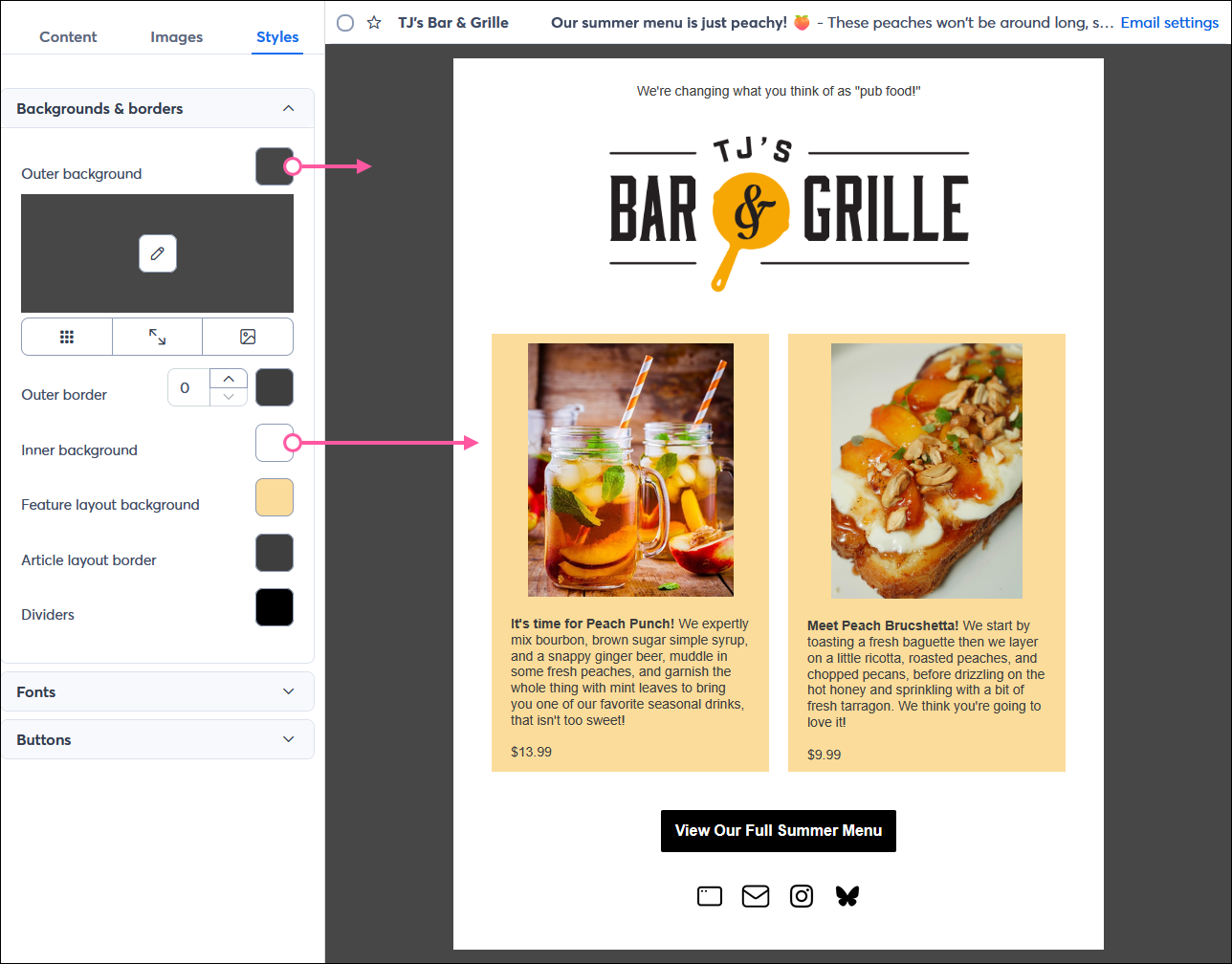 Email editor with Styles tab selected, Background and borders menu expanded, and background color options
