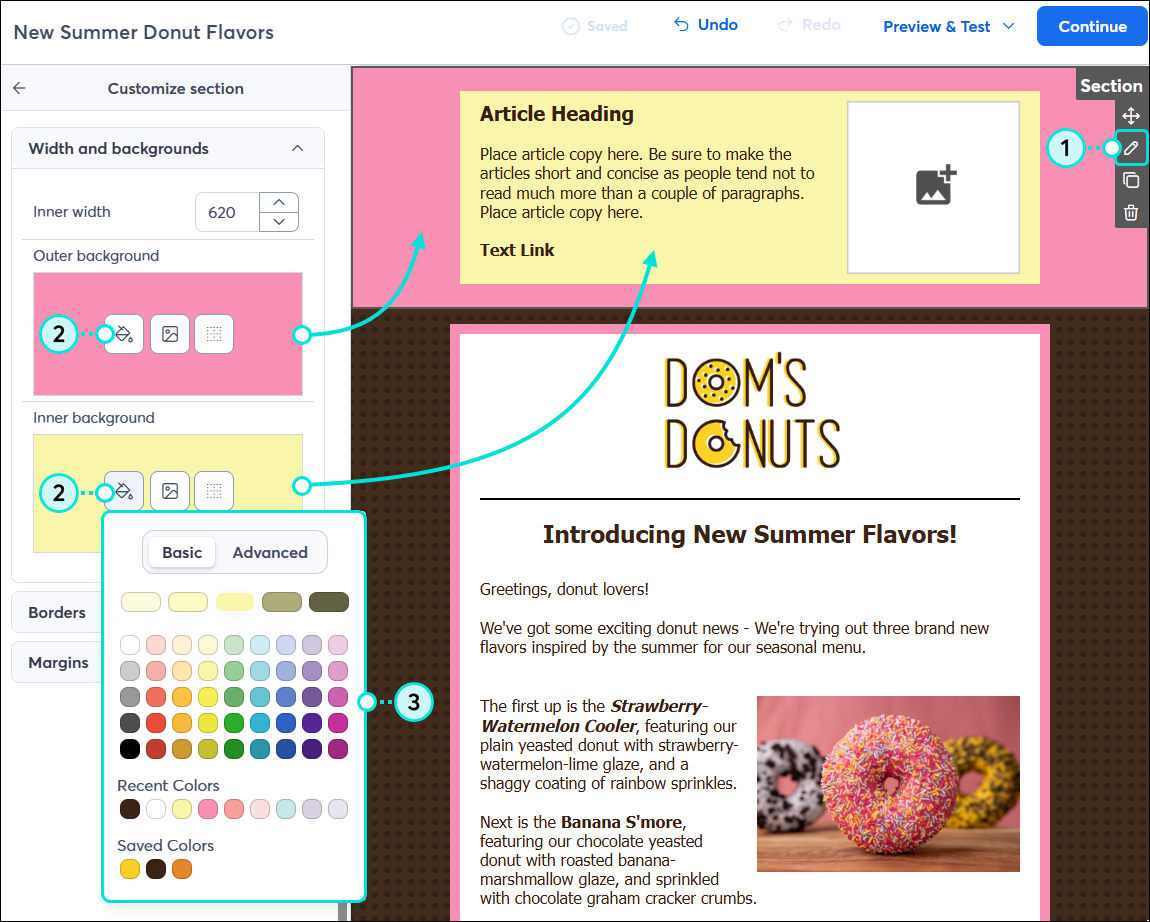 Email editor with Customize section menu and Width and backgrounds section expanded, Outer background option with Color button, and Inner background option with Color button and color palette expanded