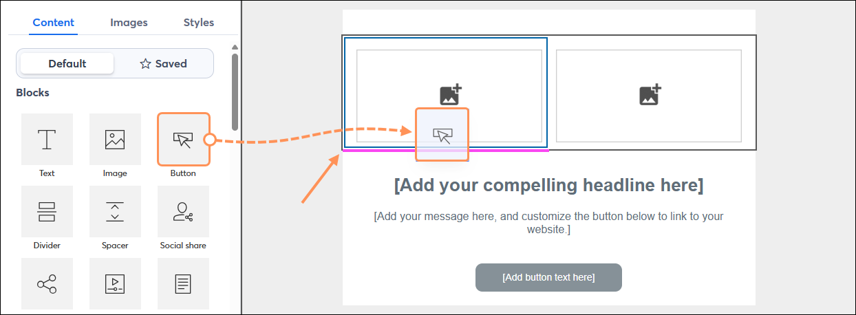 Content tab with Button block dragged into the template below an Image block within a column