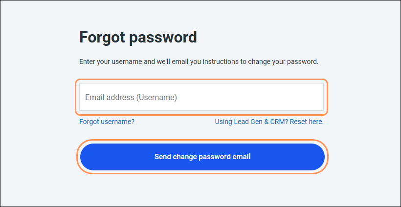 Forgot Password page with Email address or Username field and Send Change Password Email button