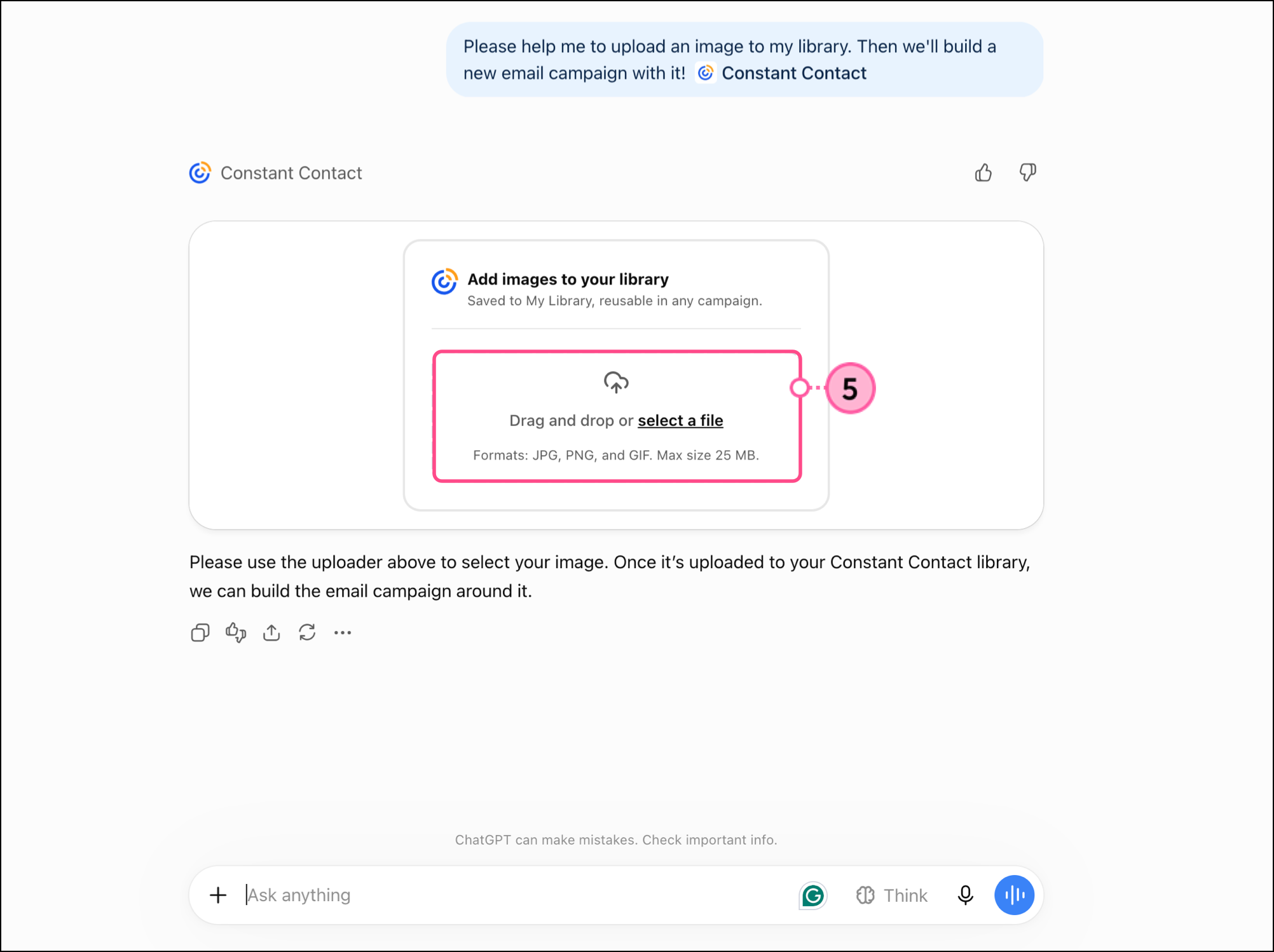 Constant Contact ChatGPT app image upload drag and drop or select file widget