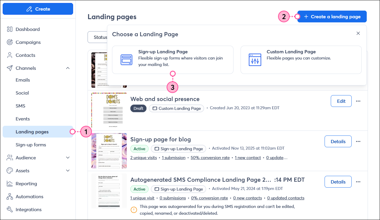 Left-hand menu with Channels menu expanded and Landing pages option selected, Create a landing page button, and Choose a Landing Page overlay with Sign-up Landing Page option selected