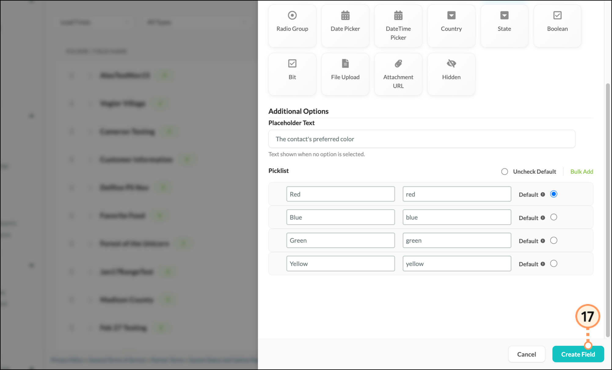 Blue Create Field button