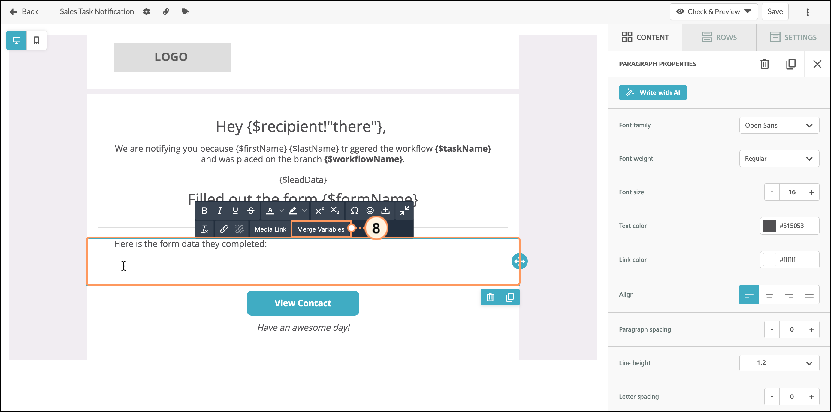 Merge variable button expanded toolbar
