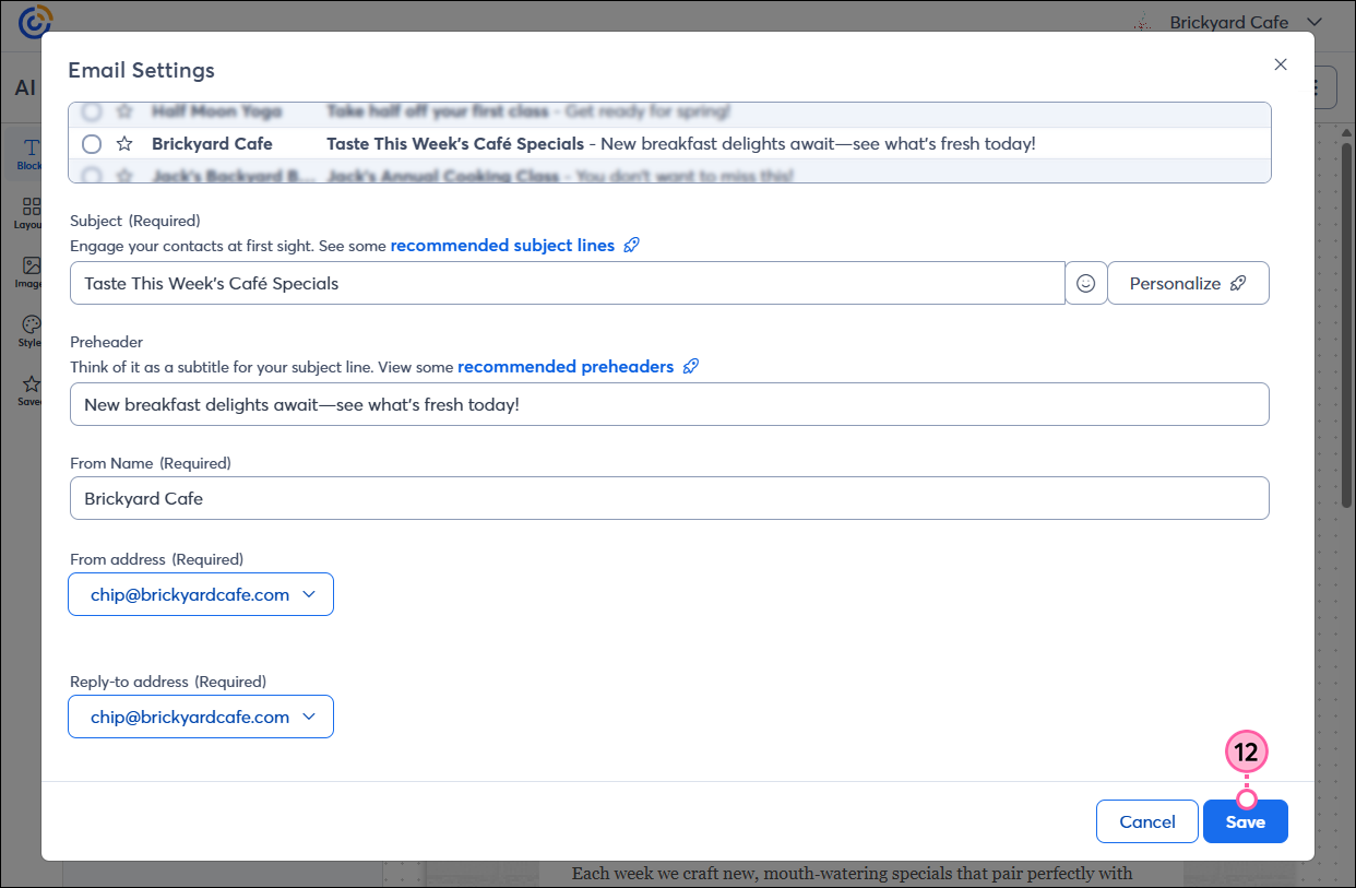Email Settings pop-up and Save button