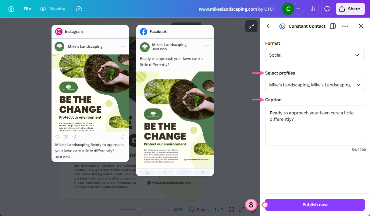 Canva social post with Constant Contact panel expanded with Format section and Social option pre-selected, Select profiles section with Facebook and Instagram profiles selected and post previews displayed, Caption section with text entered, and Publish now button