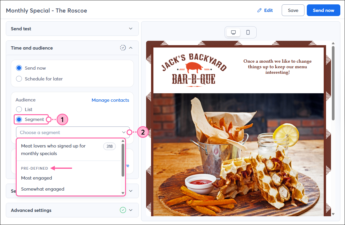 Email schedule page with Time and Audience section expanded, Audience section with Segment option selected, Search for segment field with menu expanded and pre-defined segment options