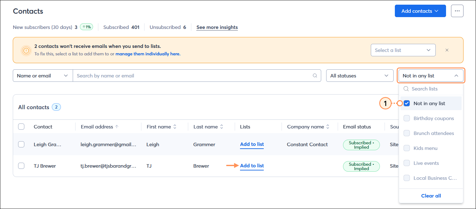 Contacts page with 2 contacts won't receive emails when you send to lists banner, All contacts table and List drop-down menu expanded with Not in any list option selected