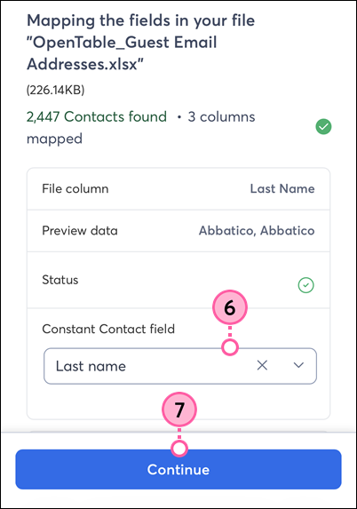 Constant Contact on mobile web browser, Mapping fields screen, Constant Contact field drop-down, and Continue button