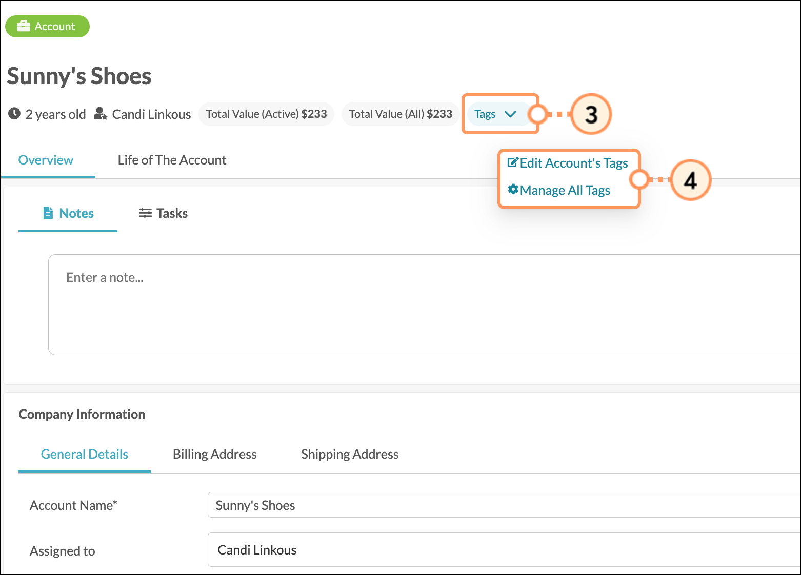 Edit Account Tags and Manage All Tags options in the Tags dropdown menu Edit Account Tags and Manage All Tags options in the Tags dropdown menu