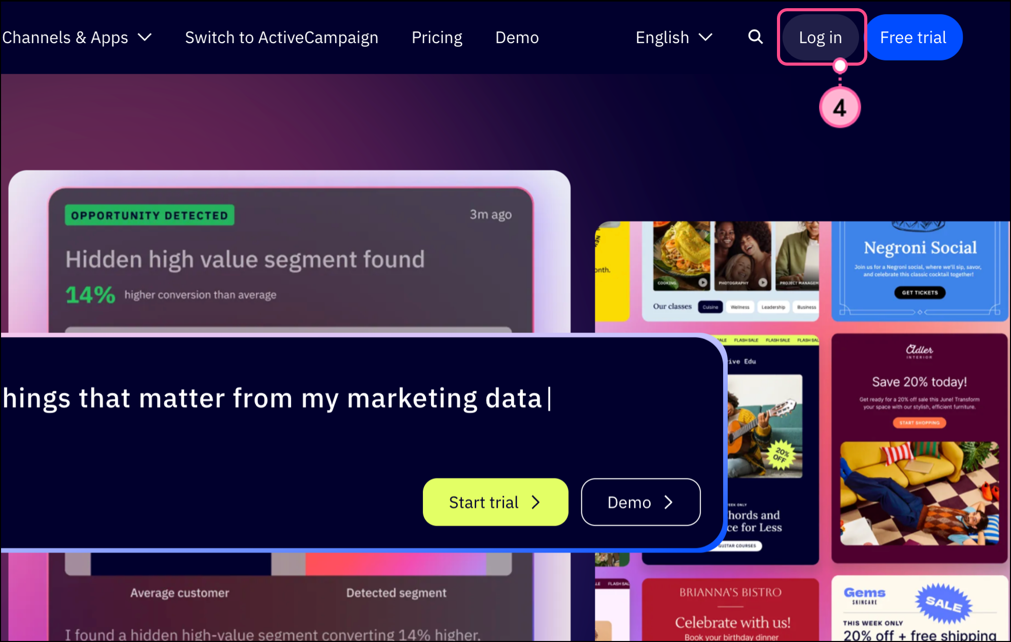 Log in button on the ActiveCampaign website in the top right corner