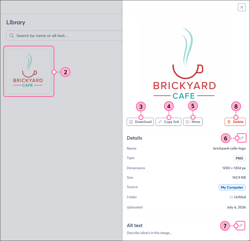 Image selected, Details panel, Download button, Copy Link button, Move button, Name pencil icon, Alt Text pencil icon, and Delete button