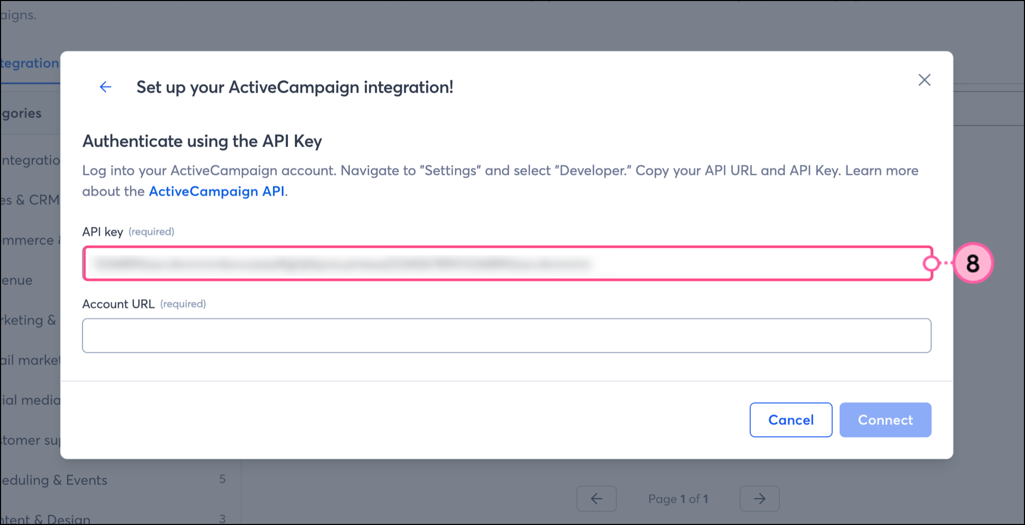 Constant Contact ActiveCampaign connection pop-up with API Key field