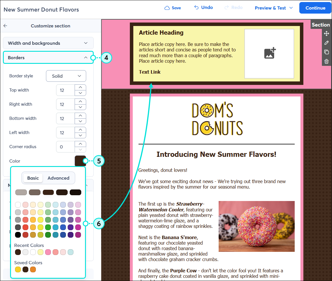 Email editor with Customize section menu and Borders section expaneded, Color swatch with color palette expanded
