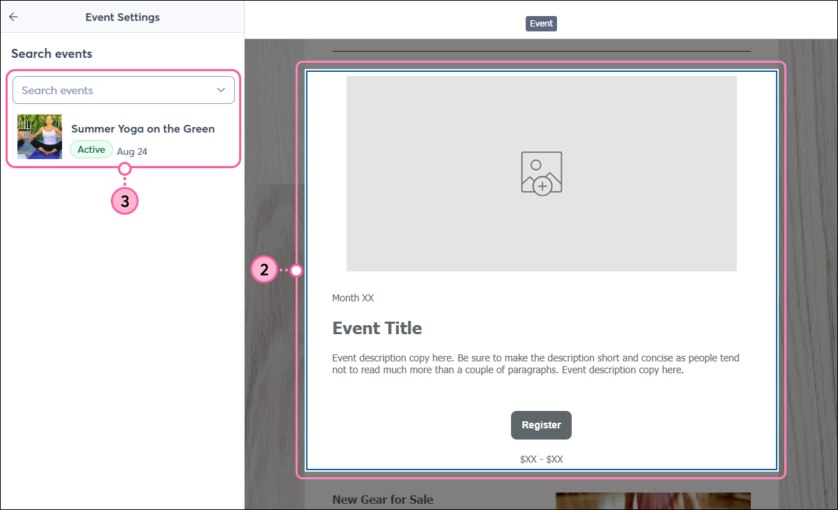 Event block selected with Event Settings panel open