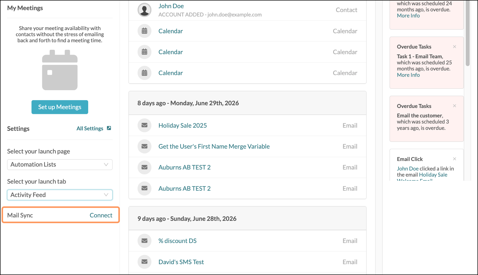 Mail Sync unconnected status with Connect button displayed