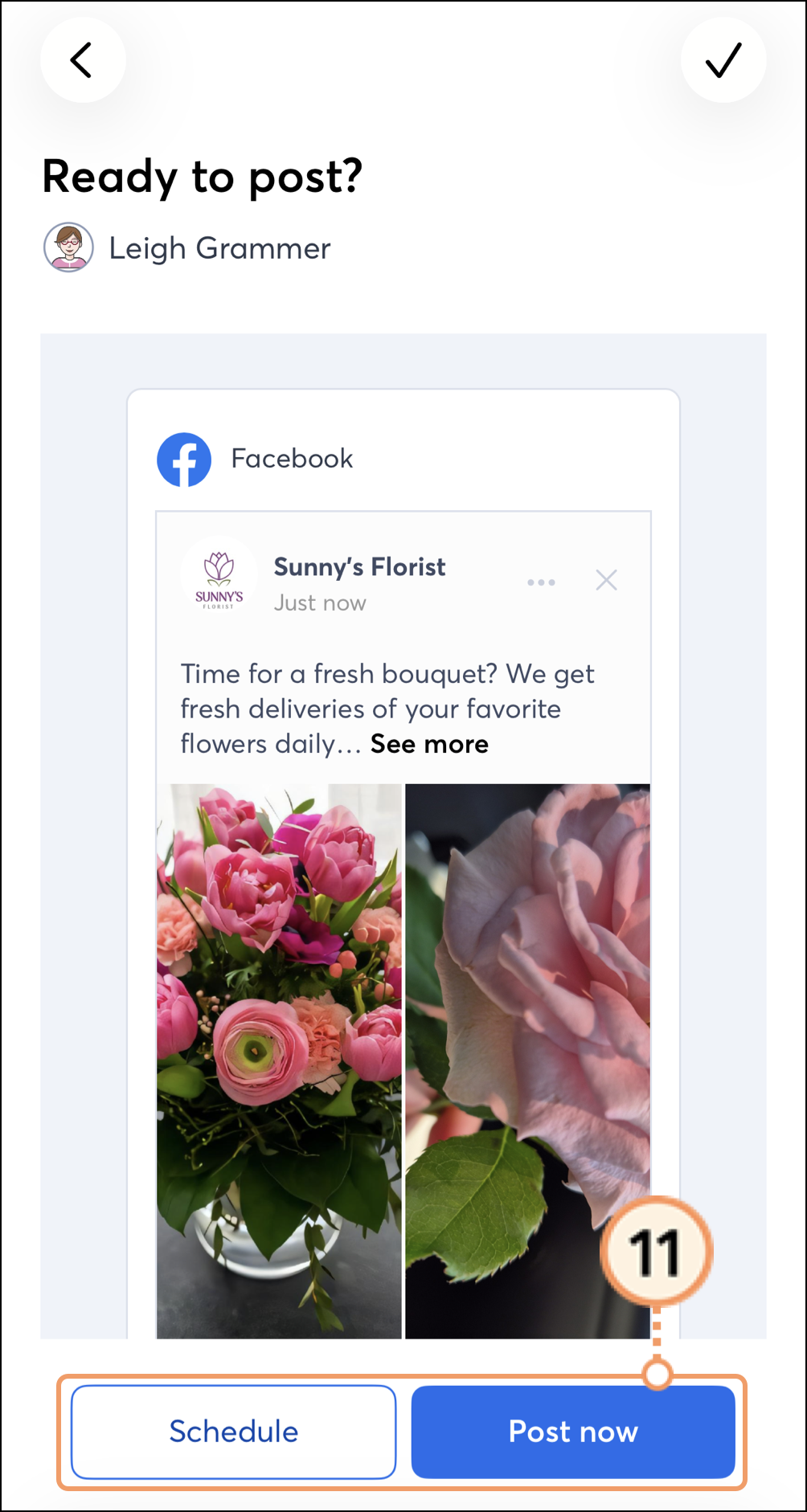 Schedule button on the left and Post now button on the right