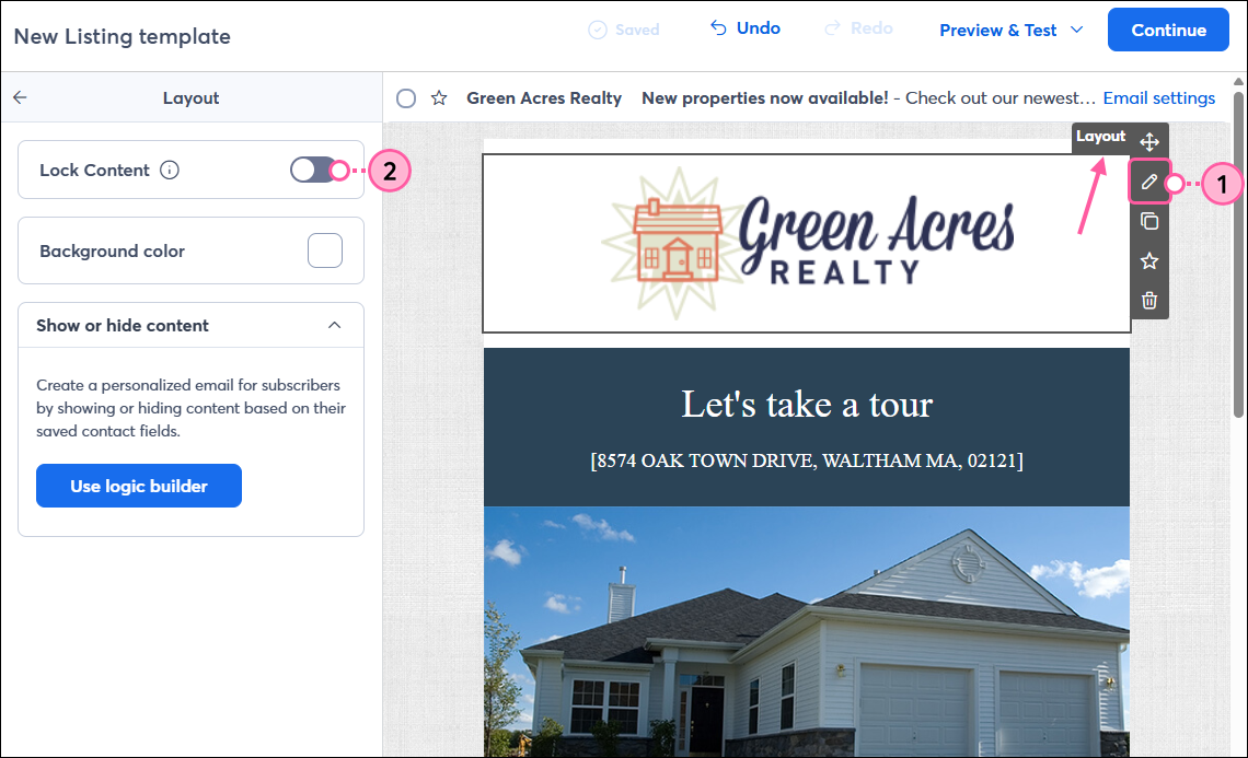 Editor de correo electrónico con imagen de logotipo dentro de un diseño, menú de diseño expandido con icono de lápiz y panel de diseño con interruptor de bloqueo de contenido.