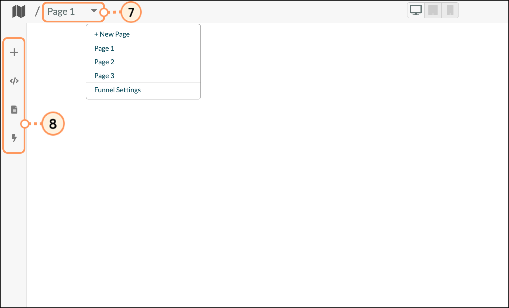 Blank landing page editor with Pages drop-down at the top of the page and editing buttons on the left-side of the page
